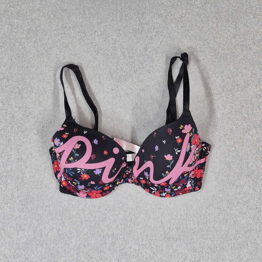 PINK Victoria's Secret Women Bra 34B Black Floral Wear Everywhere T Shirt
